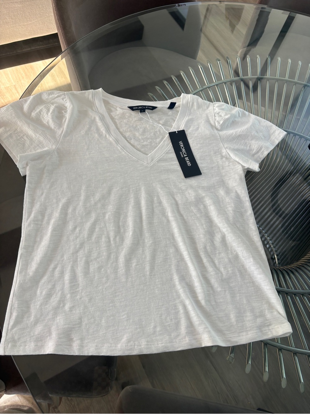 Veronica Beard White V-Neck Short pleated sleeve 100% cotton Tee.